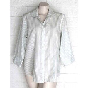 Chico's 2 L 12 14 Green White Striped Button Front 3/4 Sleeves Cotton Top
